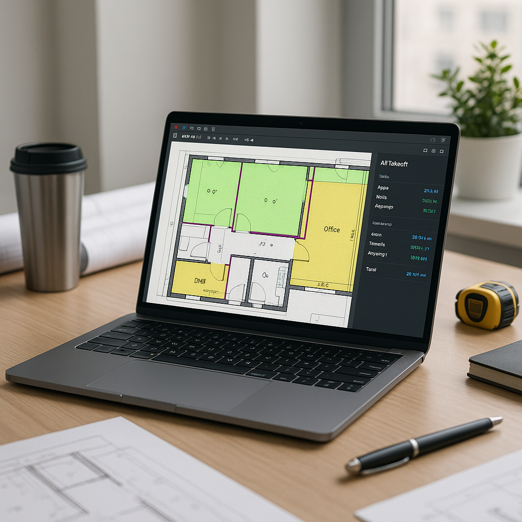 A construction estimator's desk with a laptop displaying AI-powered takeoff software. A PDF drawing open on one screen,...