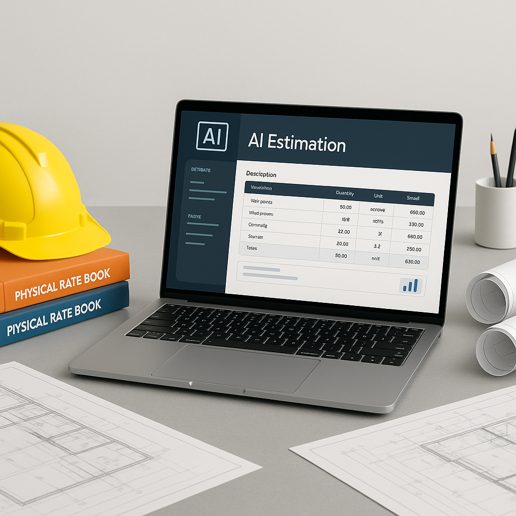 A futuristic construction desk setup with a laptop displaying an AI-driven estimation interface, surrounded by physical...