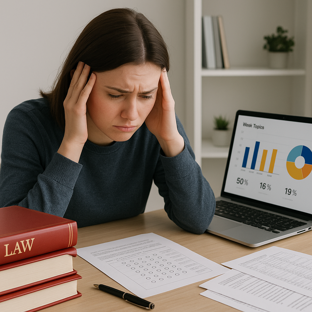 A student at a desk, frustrated with legal textbooks and multiple-choice practice sheets, with a laptop displaying an an...