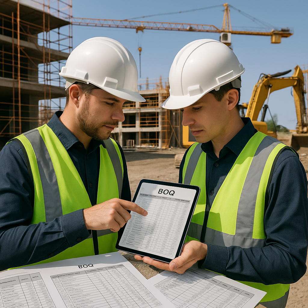 A detailed construction site with engineers reviewing a BOQ document on a tablet, surrounded by equipment and BOQ Excel...