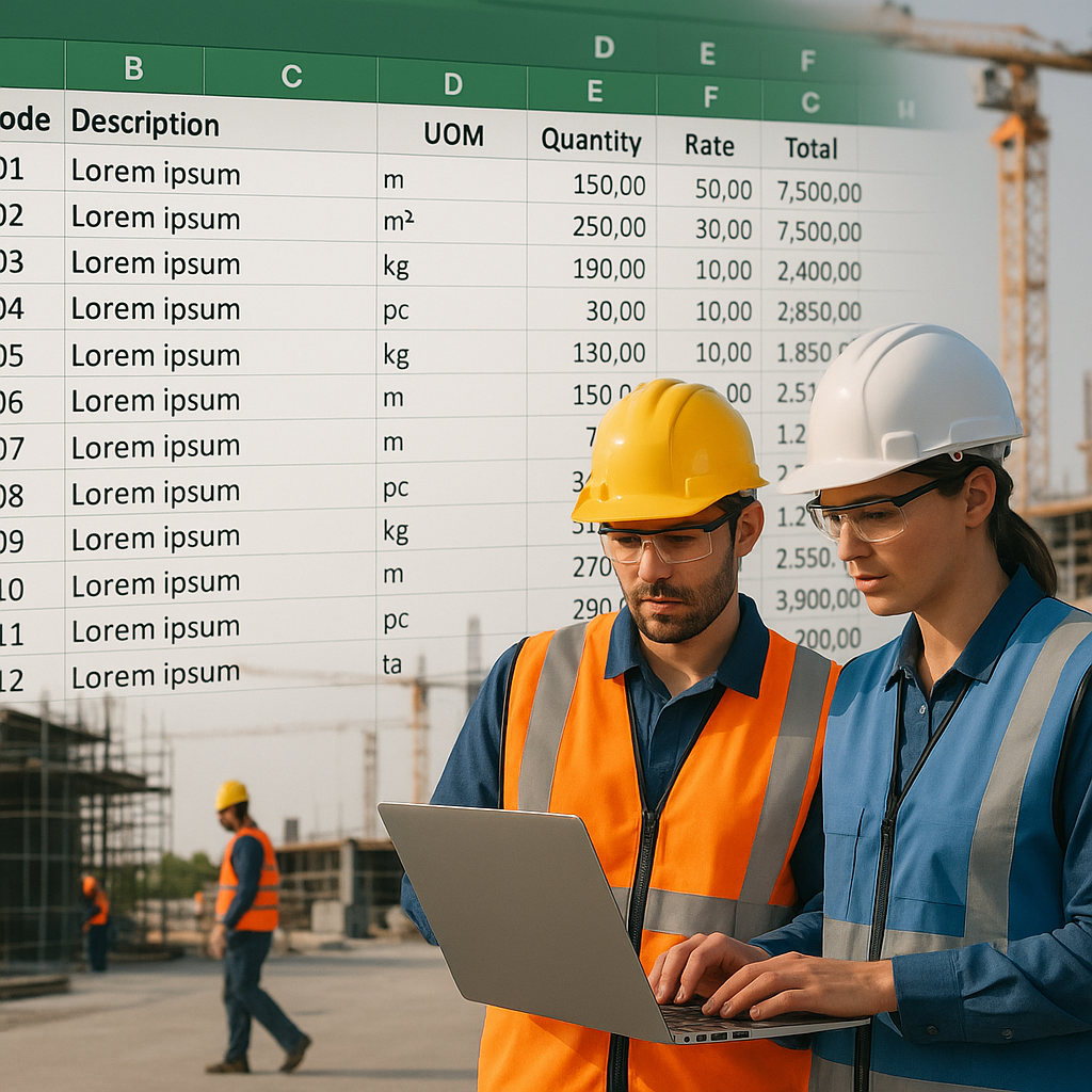 A construction site with workers validating a BOQ on a laptop, overlaid by a detailed Excel sheet with columns labeled '...