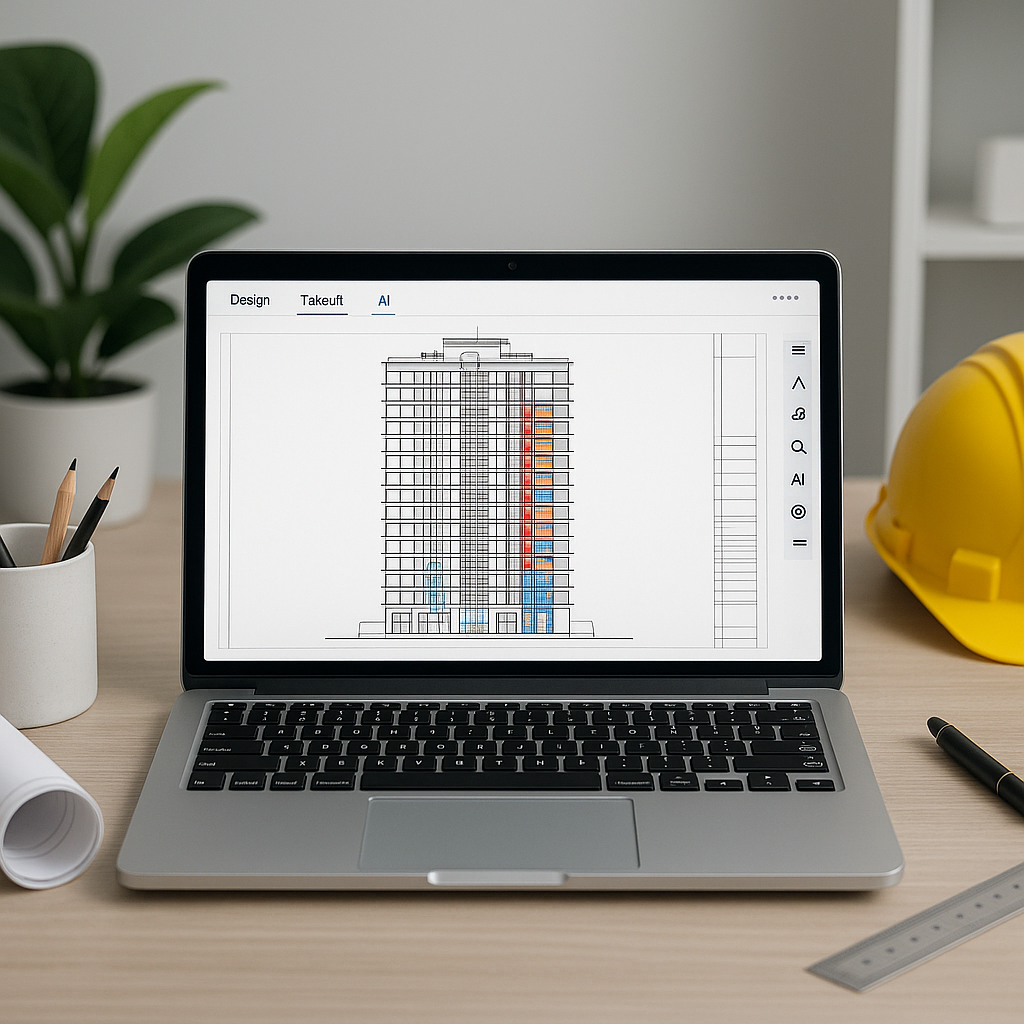 A construction estimator's desk with a laptop showing AI-powered takeoff software analyzing a detailed blueprint of a hi...