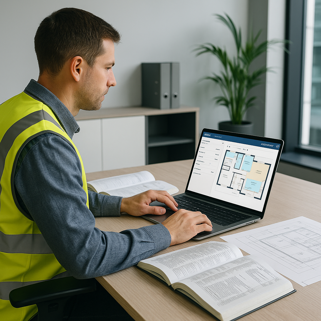 A construction estimator at a desk with a laptop showing an AI-powered estimation tool interface, surrounded by open rat...