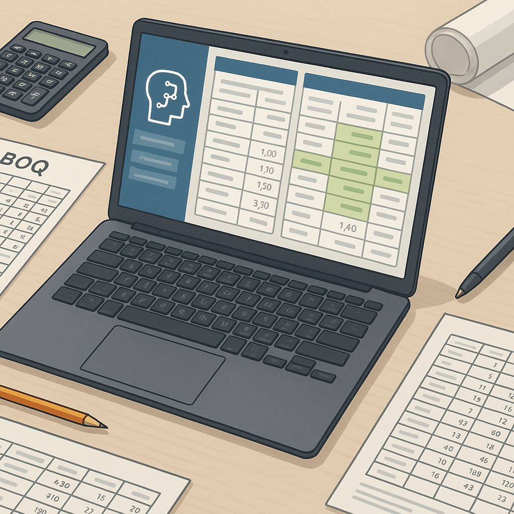 A detailed illustration of a construction estimator's desk with a laptop showing AI-powered rate matching software. Incl...