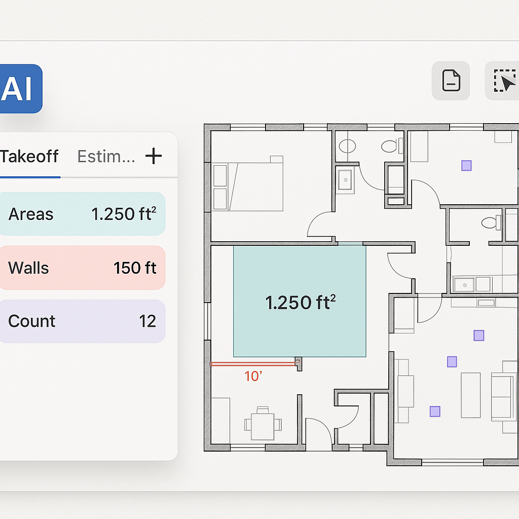 An AI-powered construction estimation tool interface showing automated takeoffs from a PDF drawing set, with highlighted...