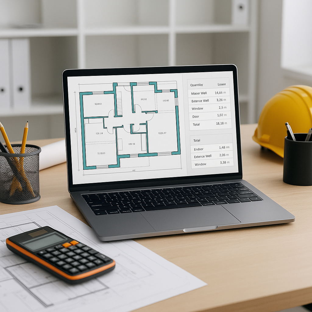 A modern construction estimator's desk with a laptop displaying an AI-powered takeoff software interface, showing highli...