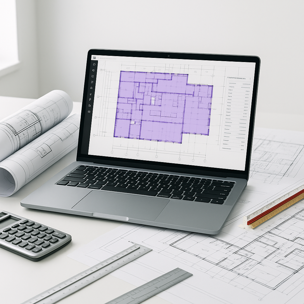A modern construction estimator's desk with a laptop screen showing an AI-powered takeoff tool analyzing a large buildin...
