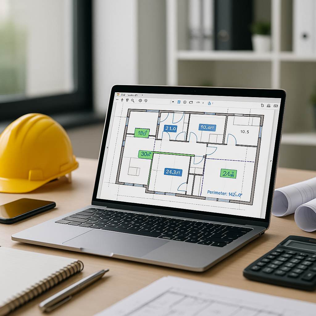 A modern construction estimator's desk, with a laptop displaying a PDF drawing filled with AI-powered takeoff annotation...