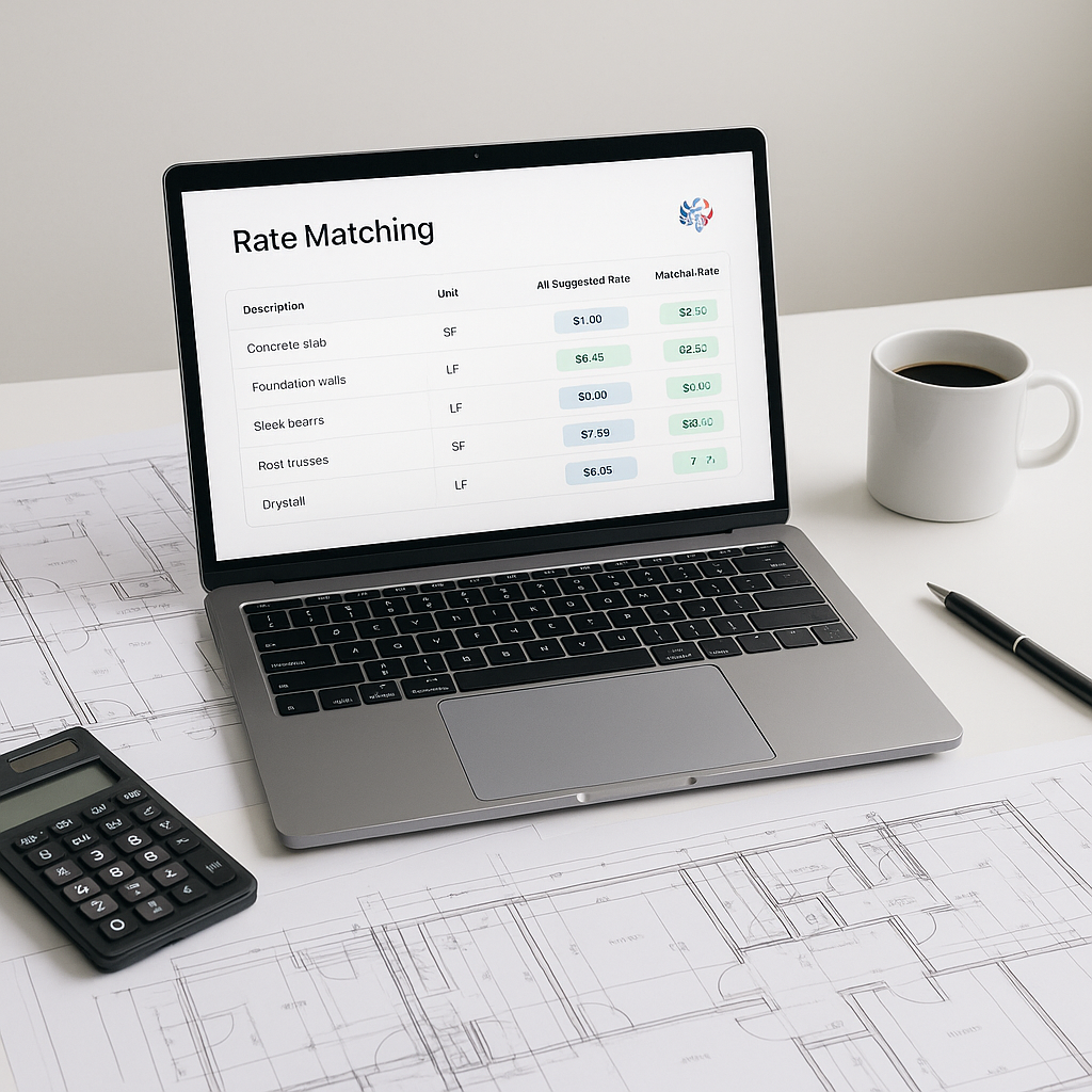 A construction estimator's desk with a laptop displaying AI-powered rate matching software, surrounded by blueprints, a...