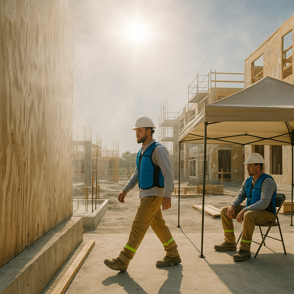A construction site in summer heat with workers wearing cooling vests and shaded rest areas; visible humidity effects li...