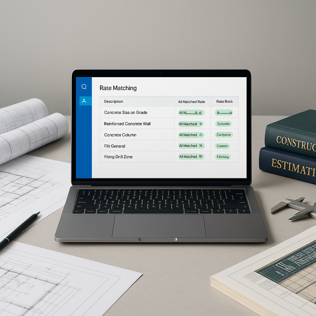 A modern construction estimator's desk with a laptop showing AI-powered rate matching software, surrounded by blueprints...