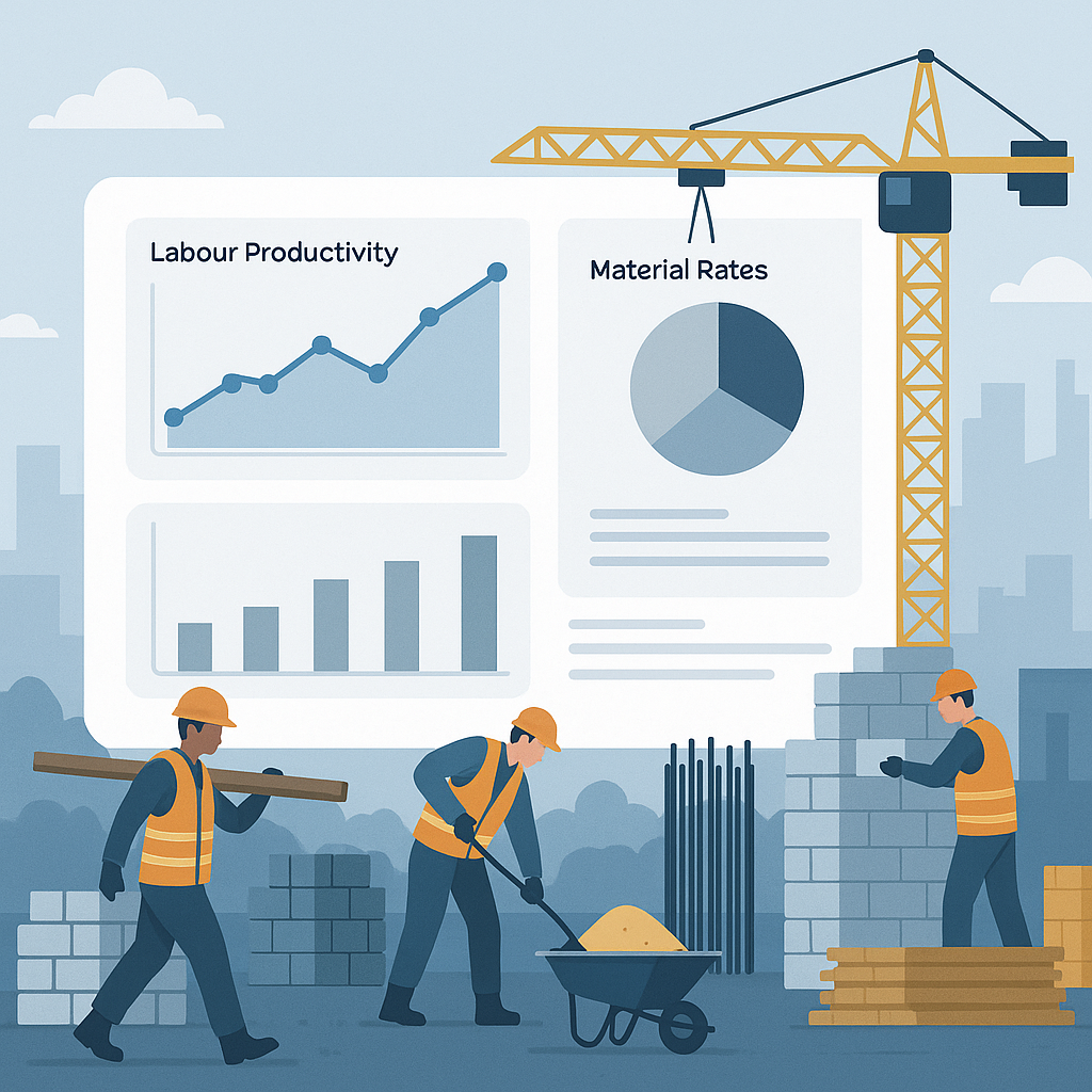 Illustration of a construction site with workers and materials, overlaying a digital dashboard showing labour productivi...