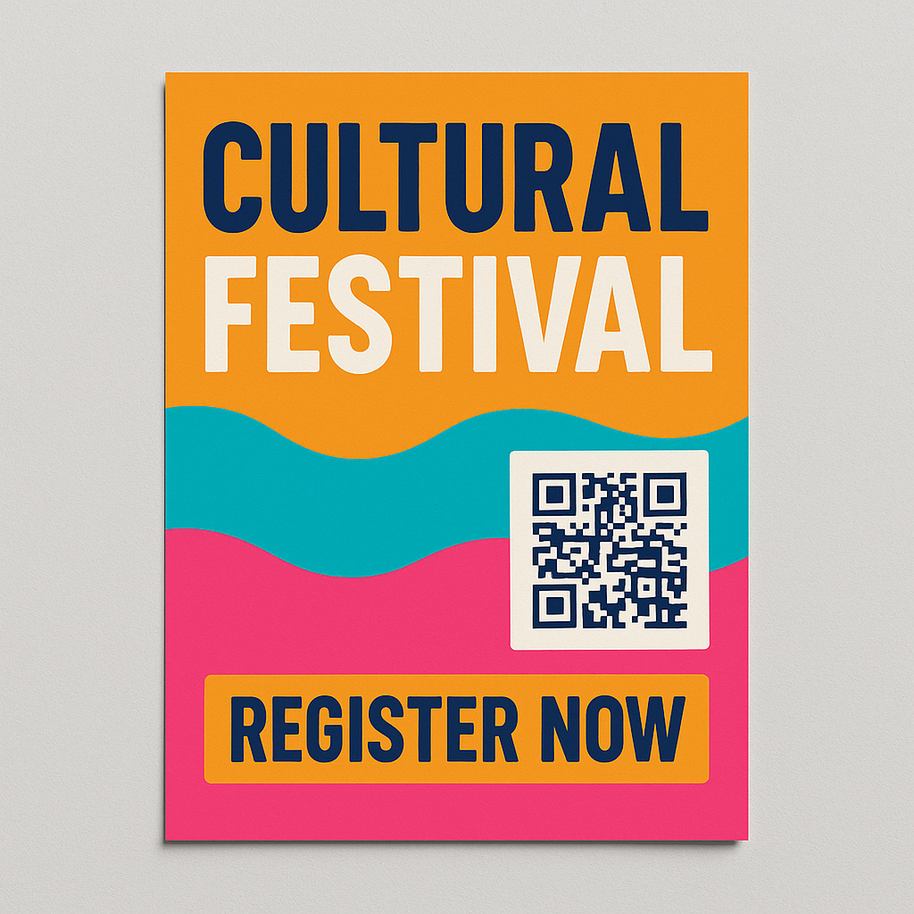 A vibrant, eye-catching event poster mockup featuring bold fonts, a QR code, and a clear call-to-action. Designed for a...