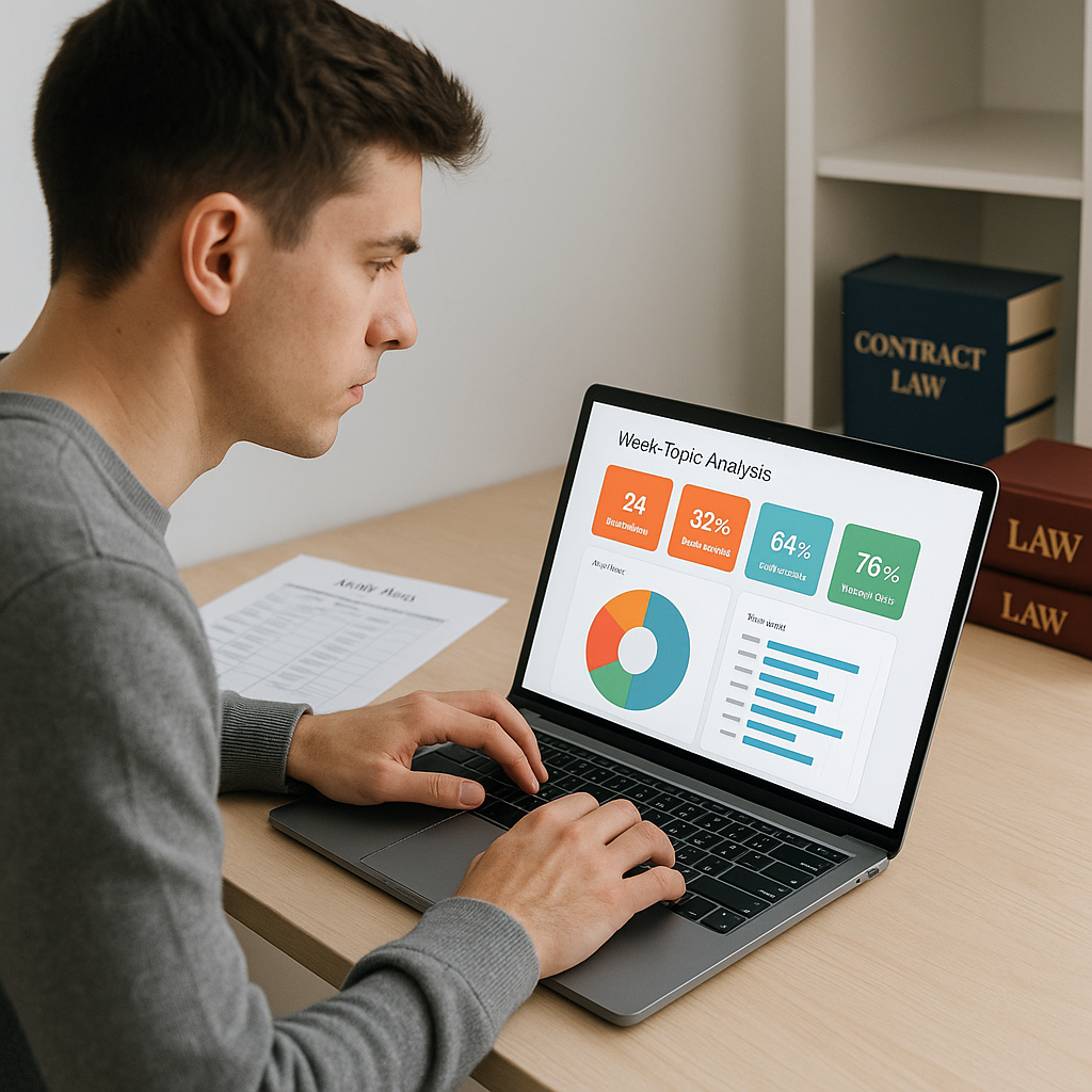A focused student in a modern, clean workspace, using a laptop with a colorful dashboard displaying weak-topic analytics...