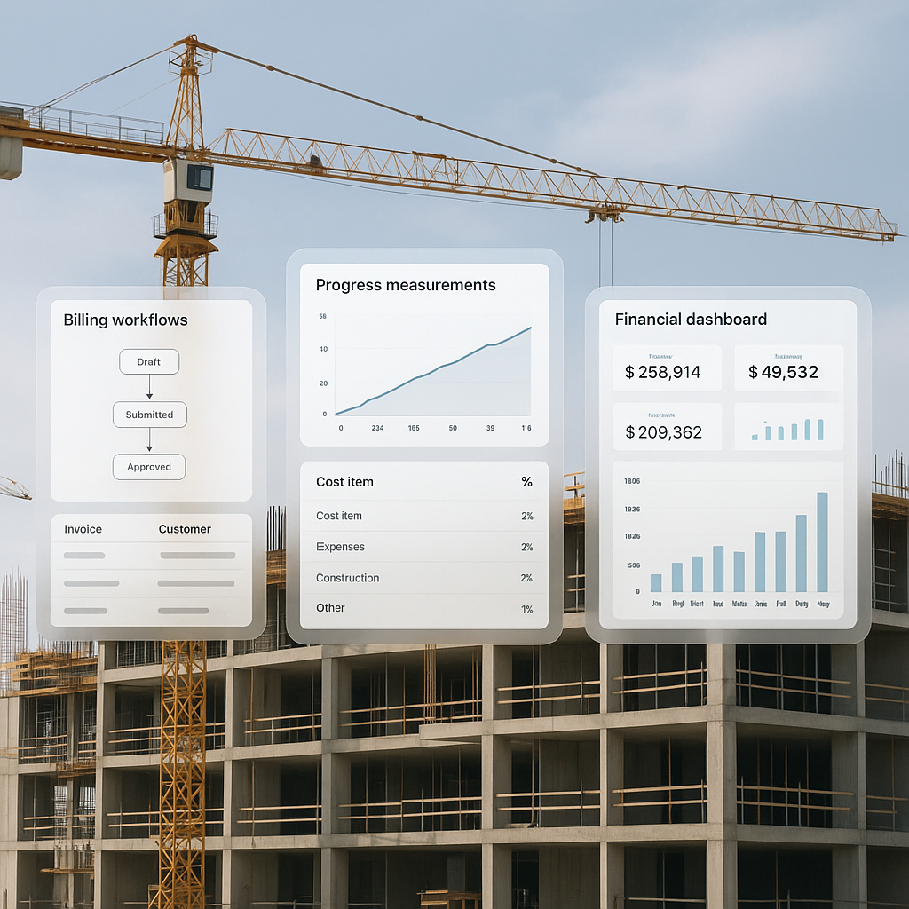 A construction site with digital overlays showing billing workflows, progress measurements, and financial dashboards in...