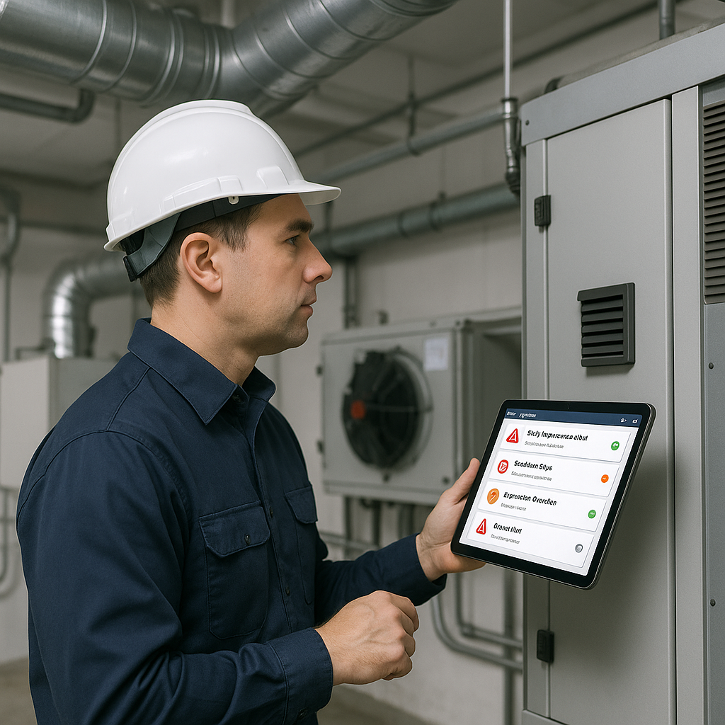 A realistic illustration of a facilities manager inspecting HVAC equipment, with a tablet showing preventive maintenance...