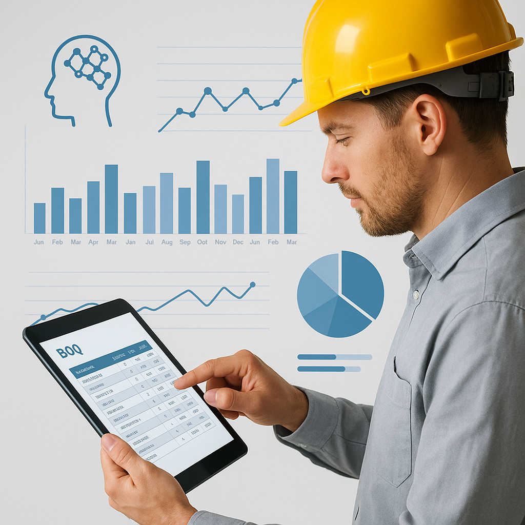 A construction estimator reviewing a digital BOQ on a tablet, with AI-driven data insights visualized in charts and grap...