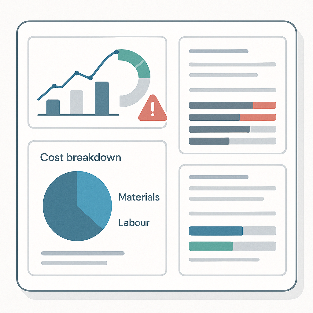 A detailed illustration of a construction project dashboard showing BOQ margin reports, negative-margin flags, and cost...