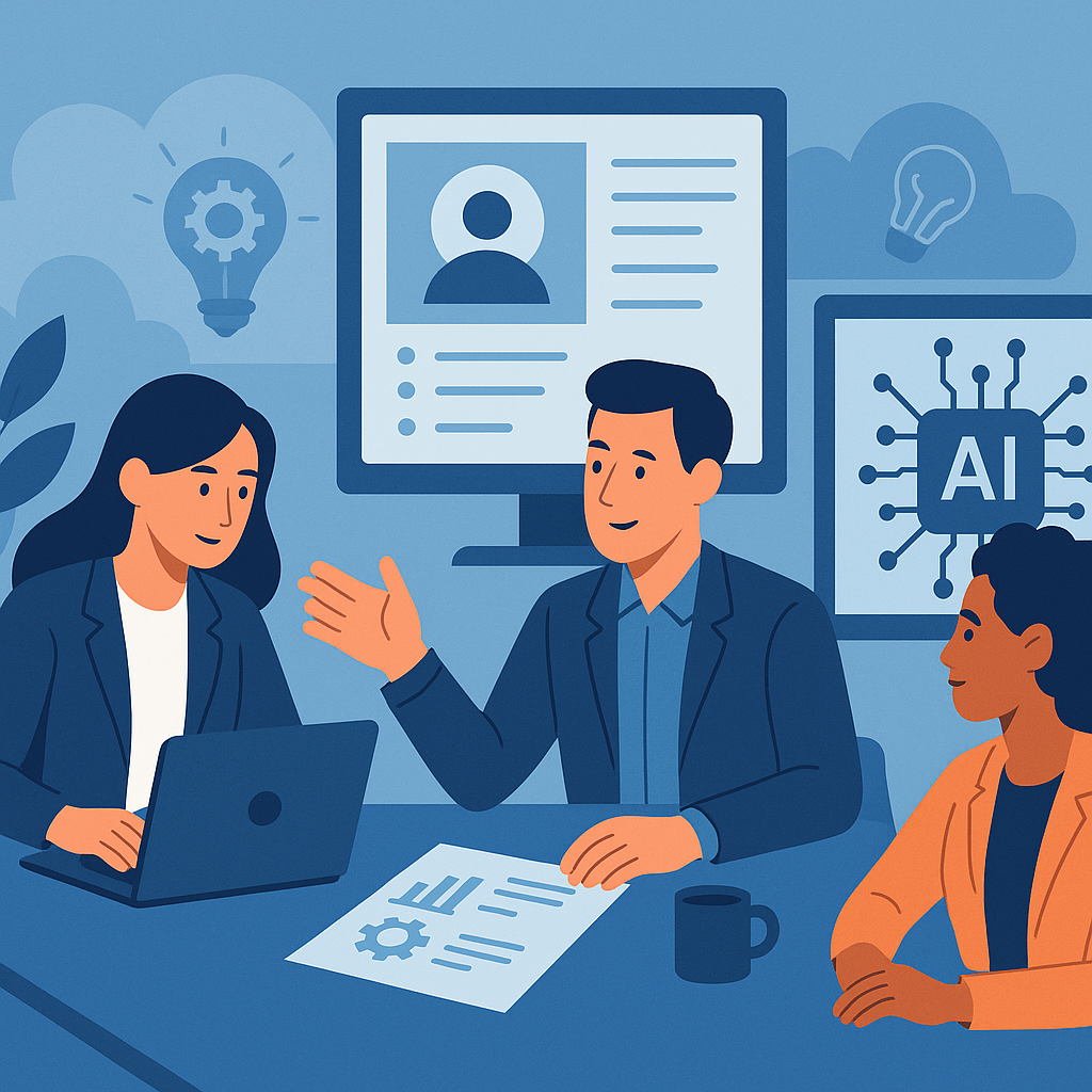 A visually striking illustration of recruiters collaborating around a desk with AI-powered tools on screens, symbolizing...