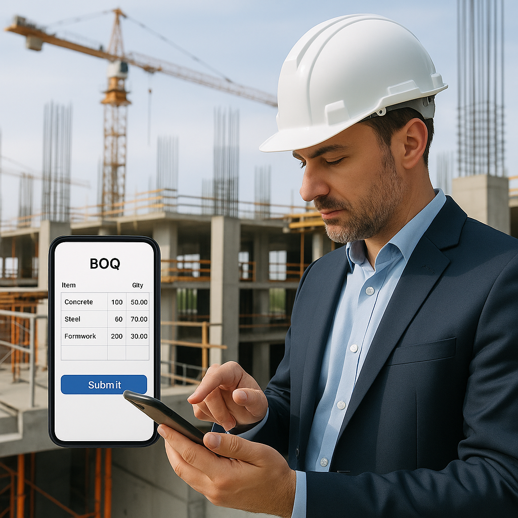 A construction site with a contractor using a mobile app to input BOQ details on-site, showing a seamless connection to...