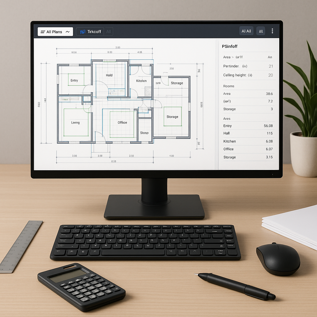 A modern construction estimator's desk with a computer displaying AI-powered takeoff software analyzing a PDF blueprint,...