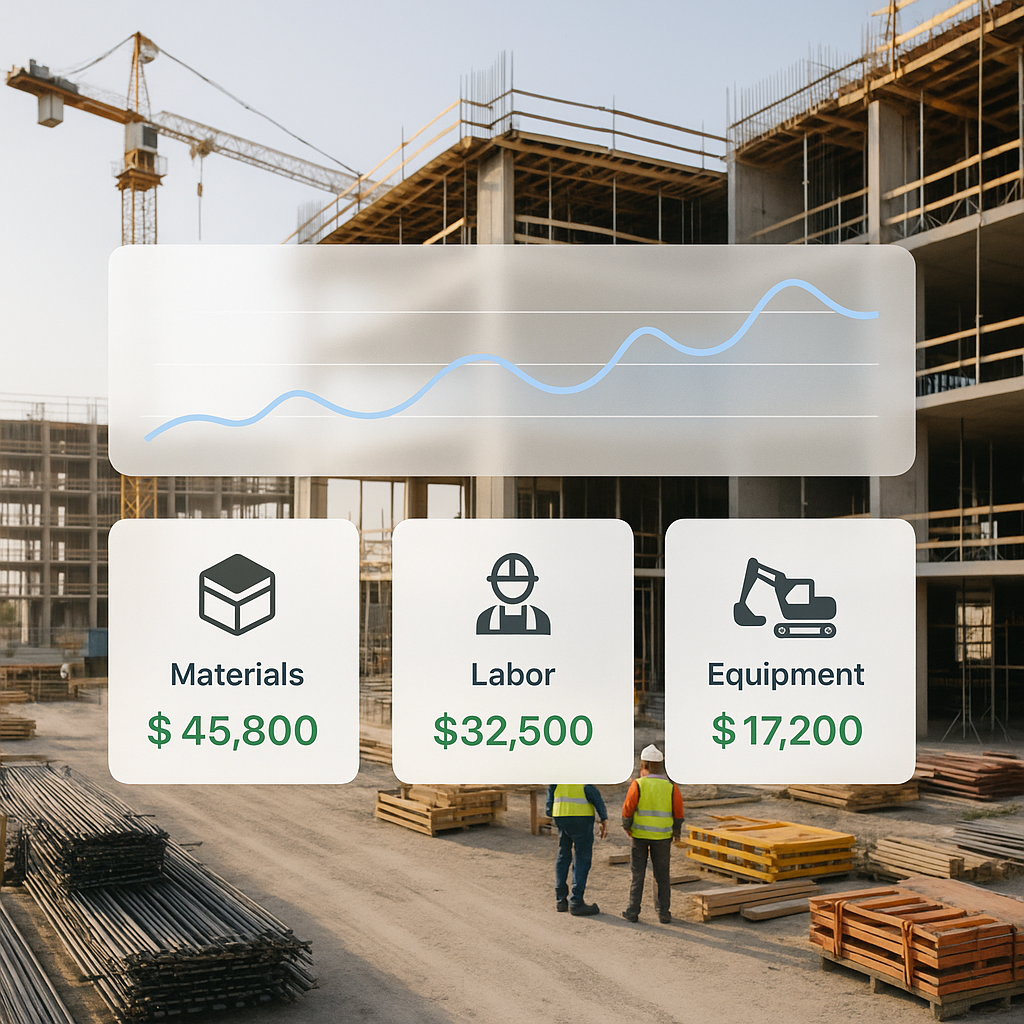 A construction project site with a digital dashboard overlay showing real-time cost tracking updates for materials, labo...