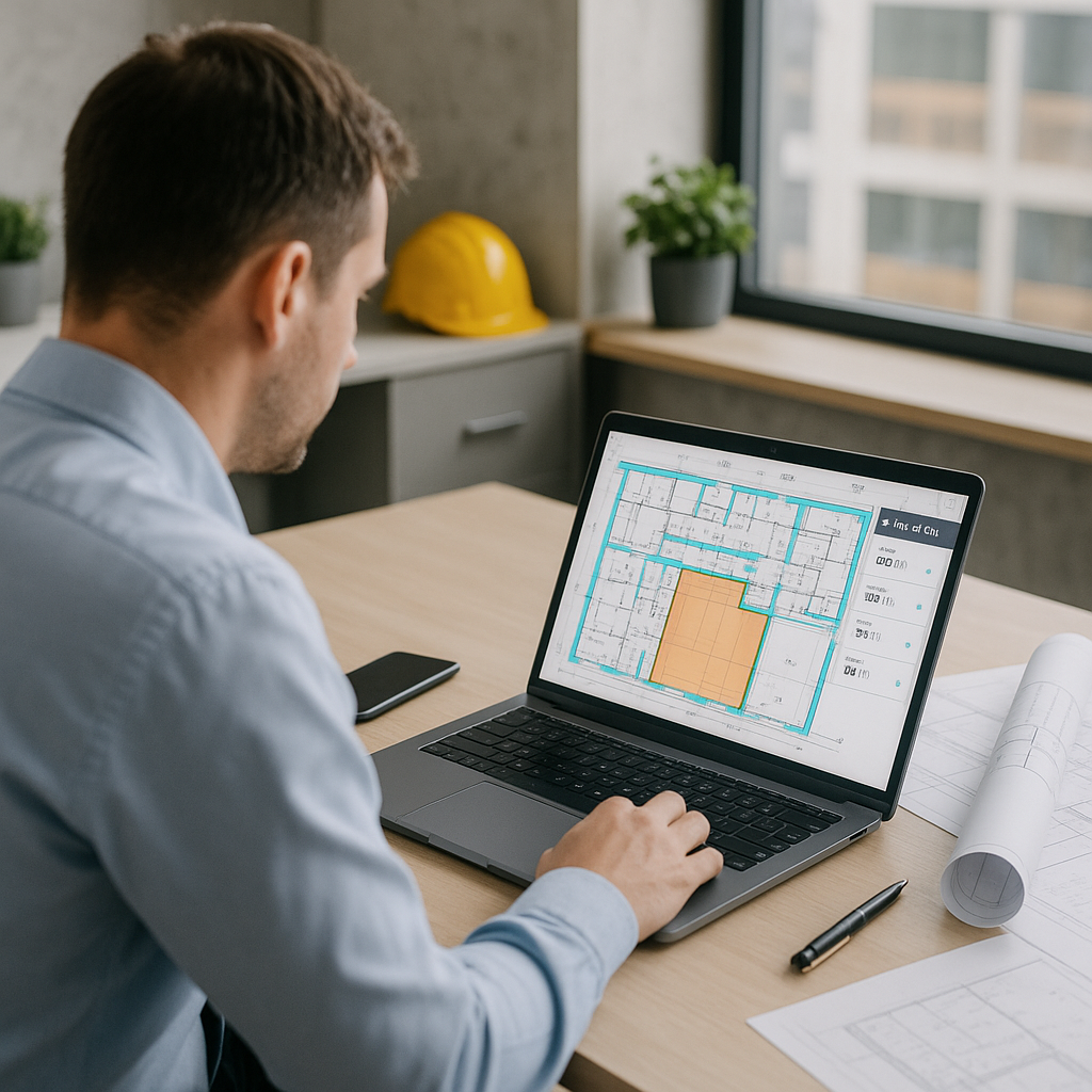 An estimator sitting at a desk, with a laptop displaying an AI-powered takeoff tool analyzing a detailed construction bl...