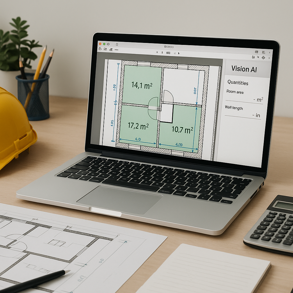 A construction estimator's desk with a laptop displaying a PDF drawing, Vision AI extracting quantities, and annotations...