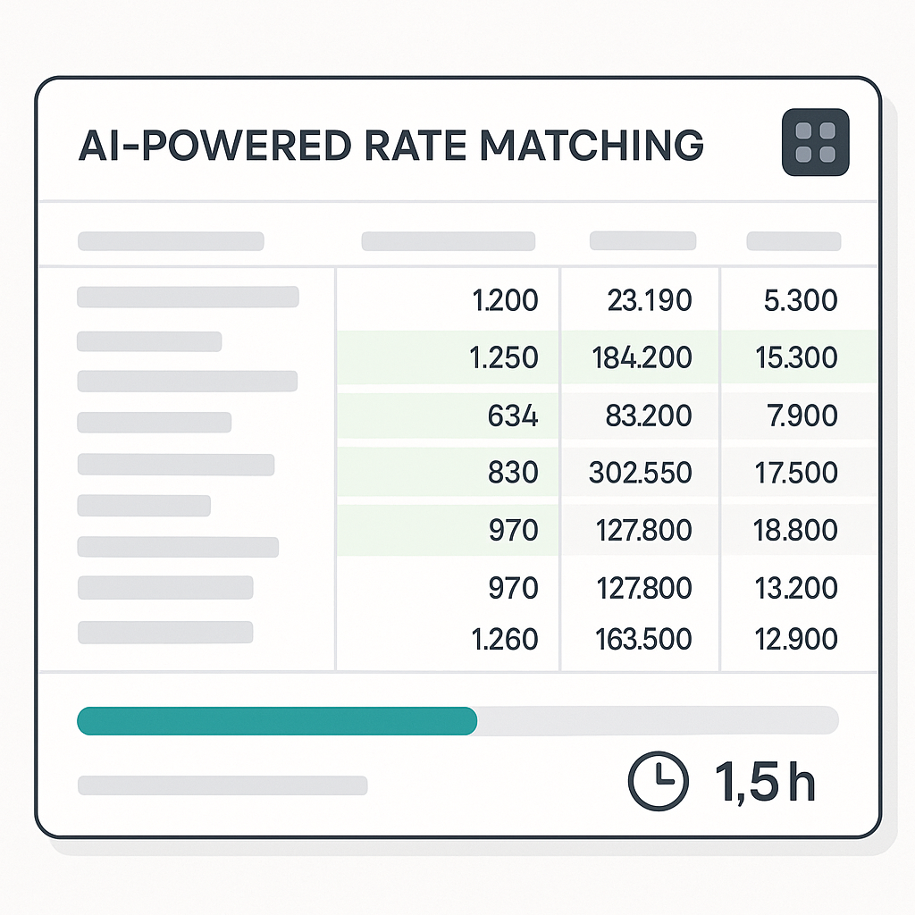 A detailed image of a digital dashboard showing AI-powered rate matching in action: a BOQ with highlighted matches, a pr...
