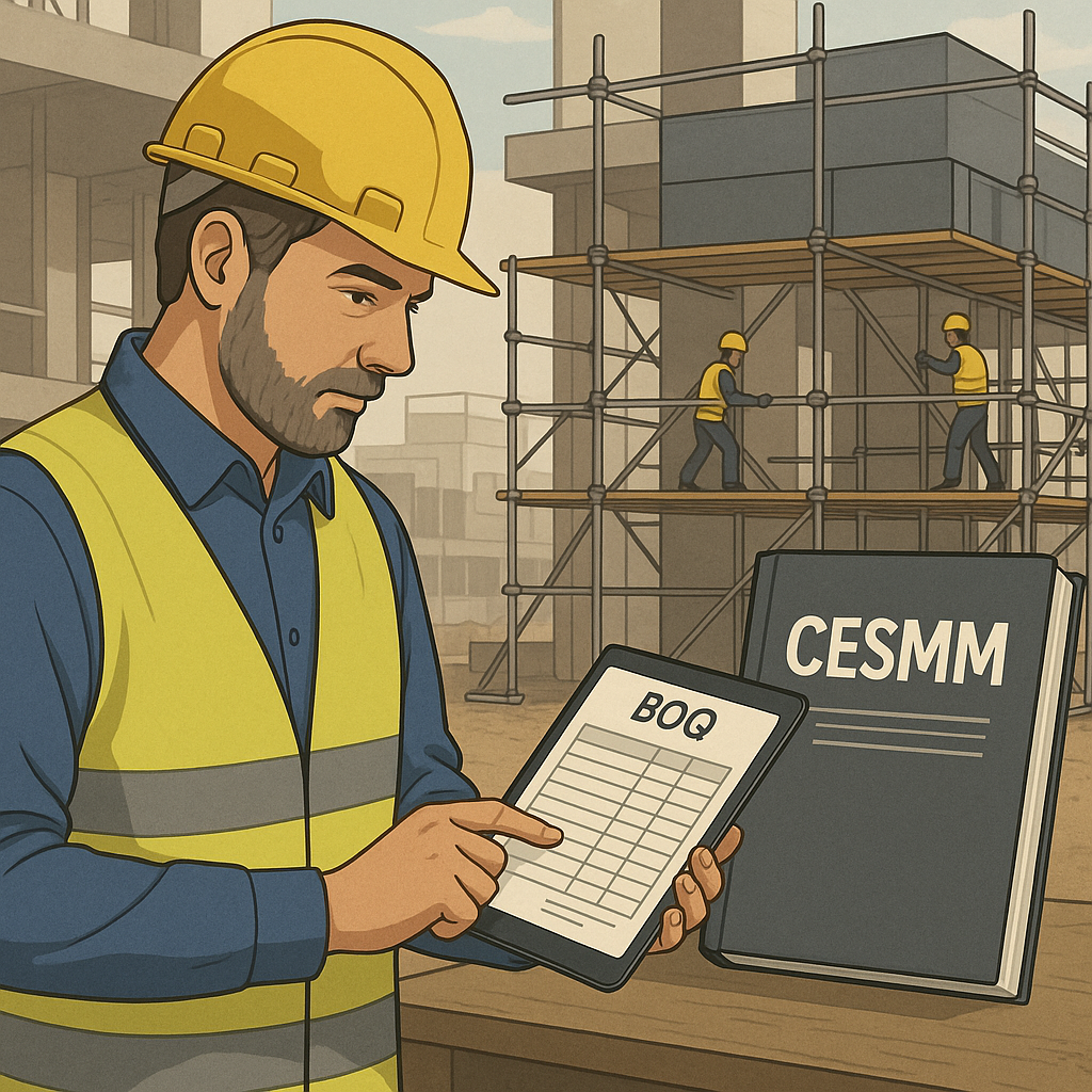 A detailed, professional illustration of a contractor reviewing a BOQ on a tablet with CESMM guidelines visible in the b...