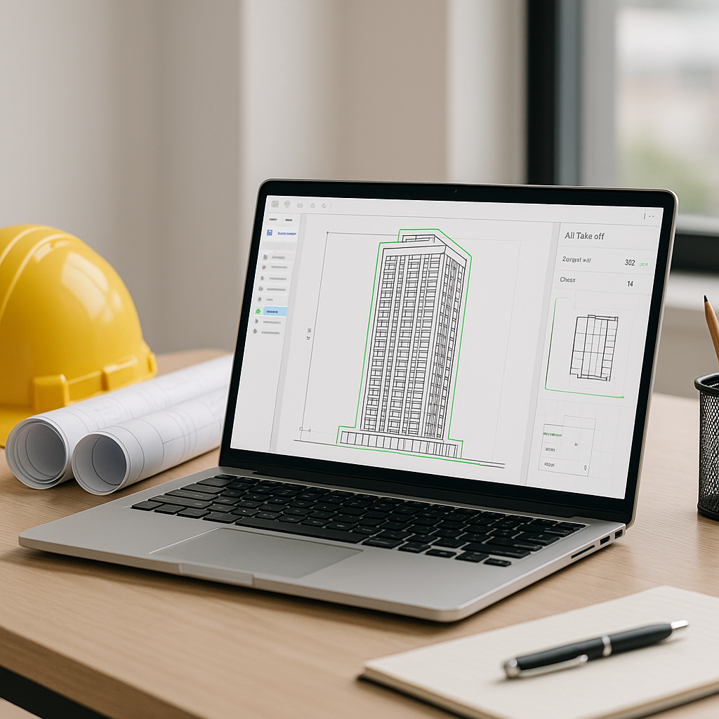 A construction estimator's desk with a laptop screen showing AI-powered takeoff software analyzing a PDF drawing of a hi...