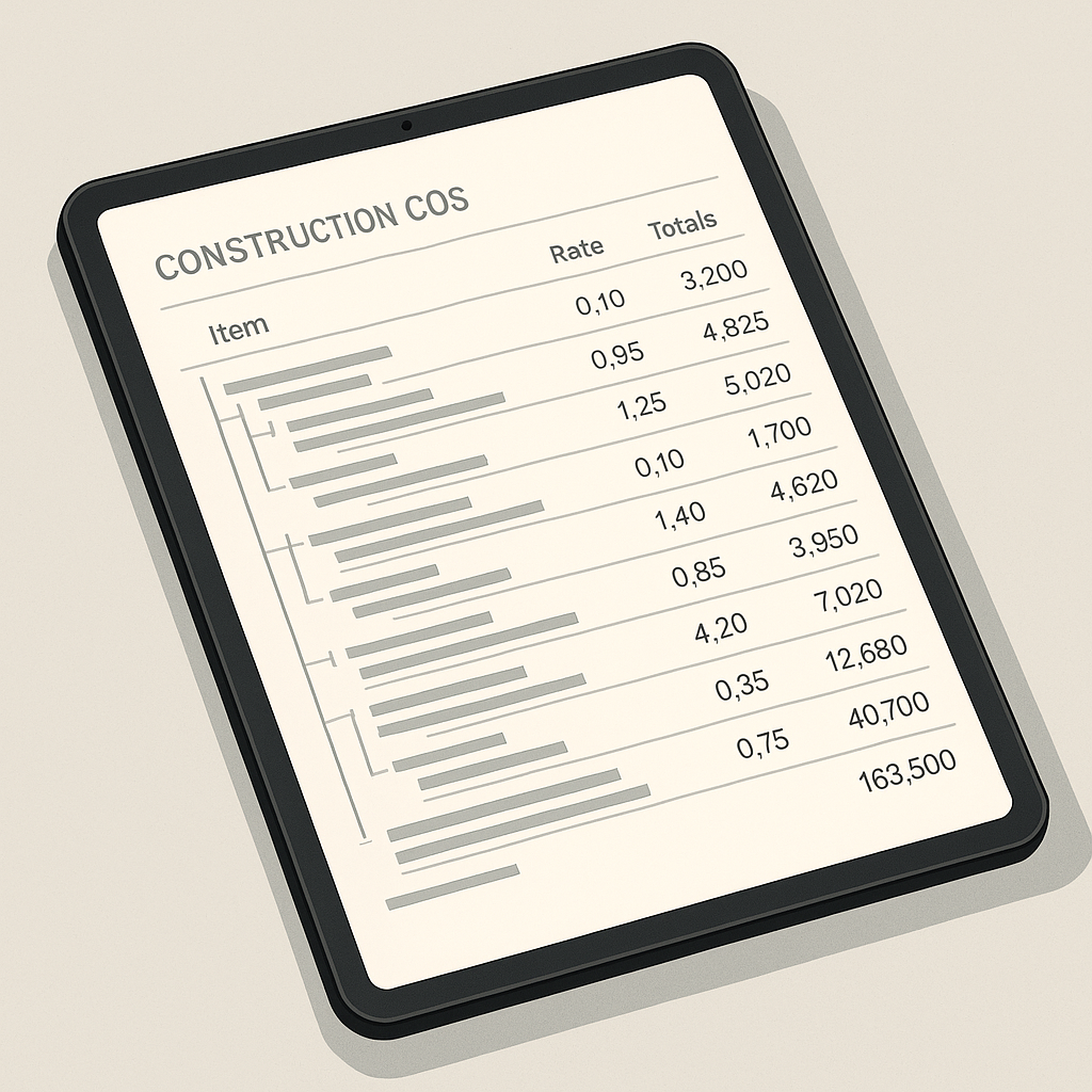 A detailed illustration of a construction BOQ document on a tablet, showing hierarchical item lists with quantities, rat...