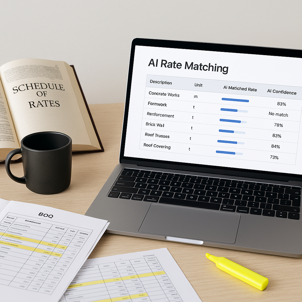A construction estimator's desk with a laptop screen showing an AI-powered rate matching tool, alongside open SOR books...