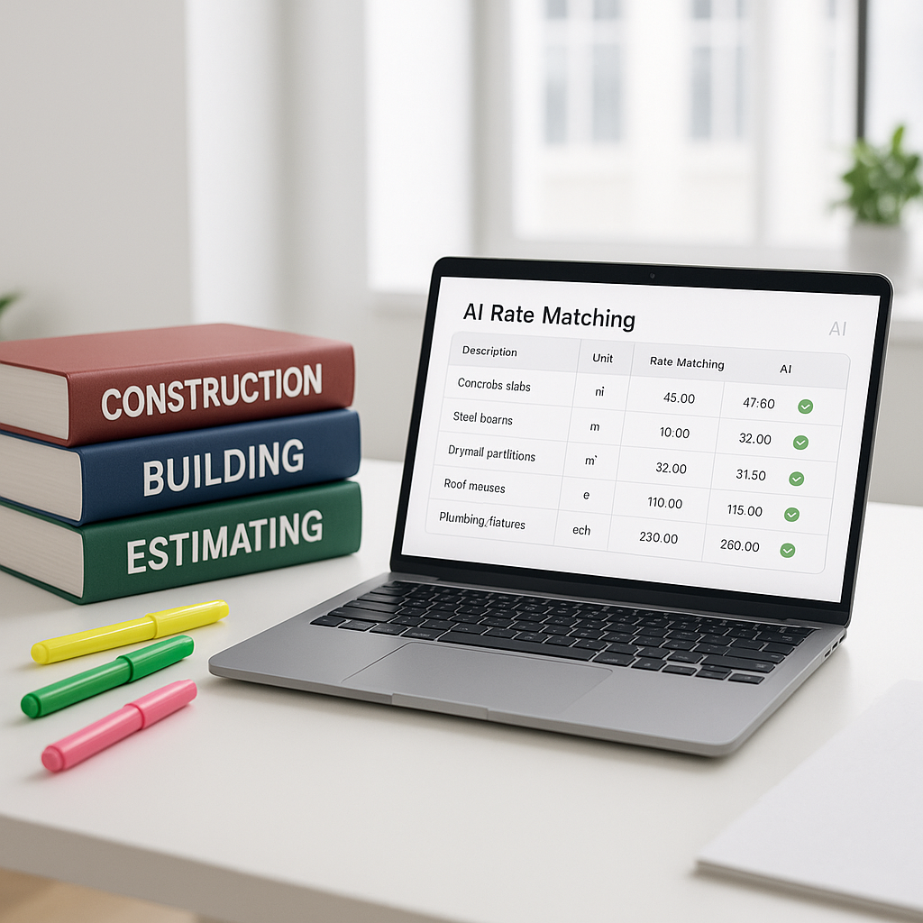 A construction estimator's desk with a laptop showing AI-powered rate matching software, surrounded by thick rate books...