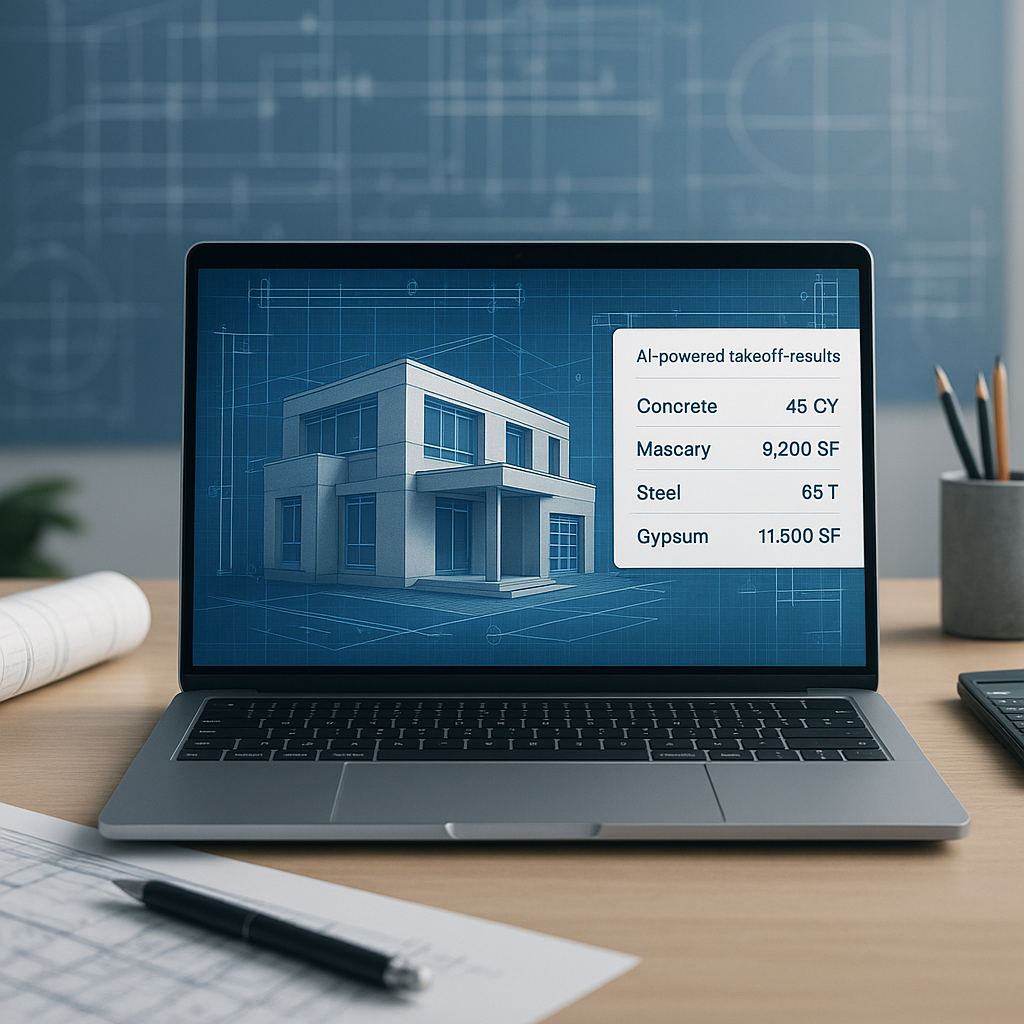 A realistic image showing a laptop on an estimator's desk, displaying AI-powered takeoff results for a construction proj...