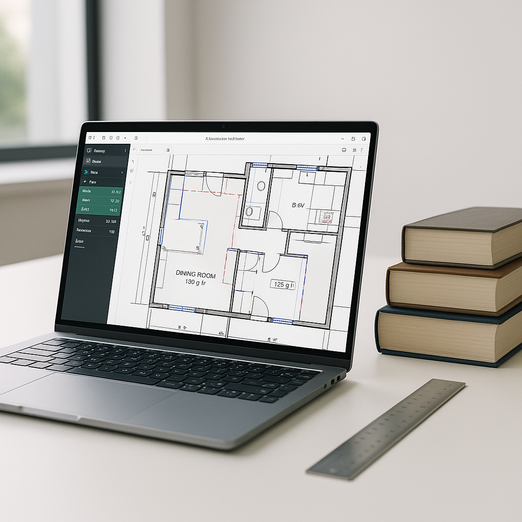 A modern construction estimator's desk with a laptop screen displaying AI-powered takeoff software analyzing a PDF drawi...
