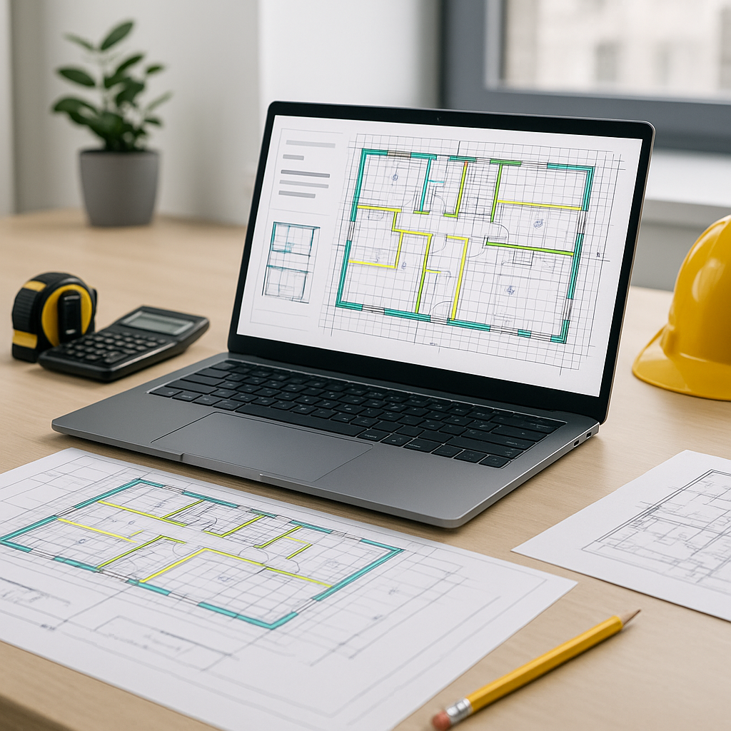 A modern construction estimator's desk with a laptop screen showing AI-powered takeoff software analyzing a detailed bui...