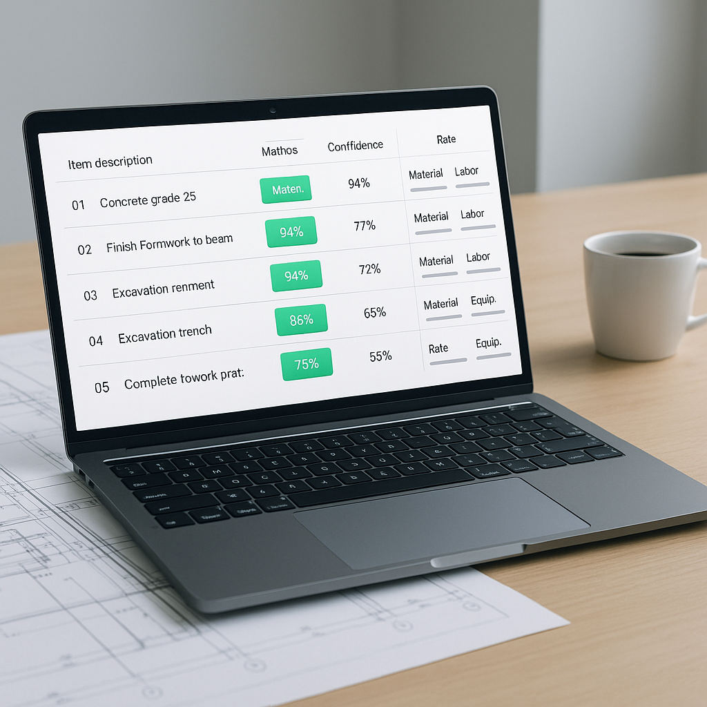 A modern construction estimator's desk with a laptop showing an AI-powered rate matching tool. The screen displays a BOQ...