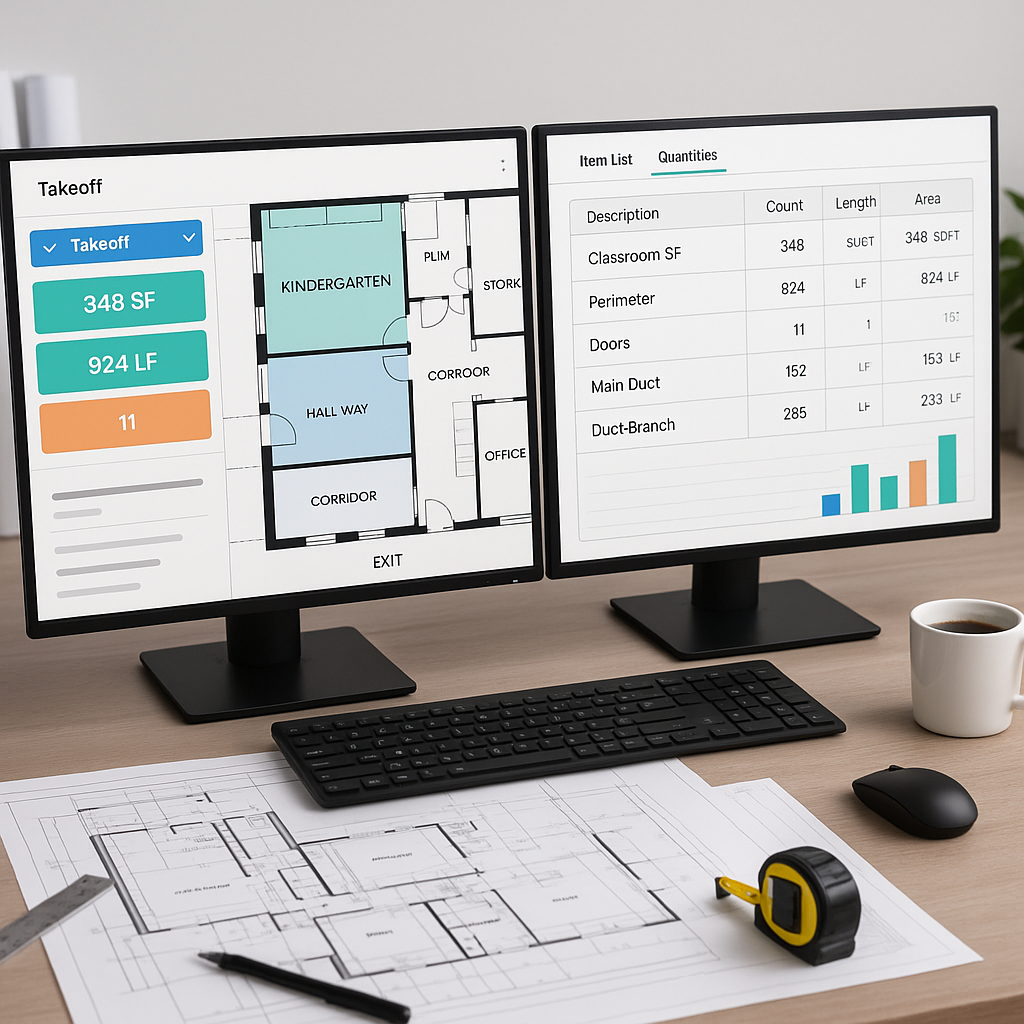 A modern construction estimator's desk with dual monitors displaying an AI-powered takeoff software interface, showing e...