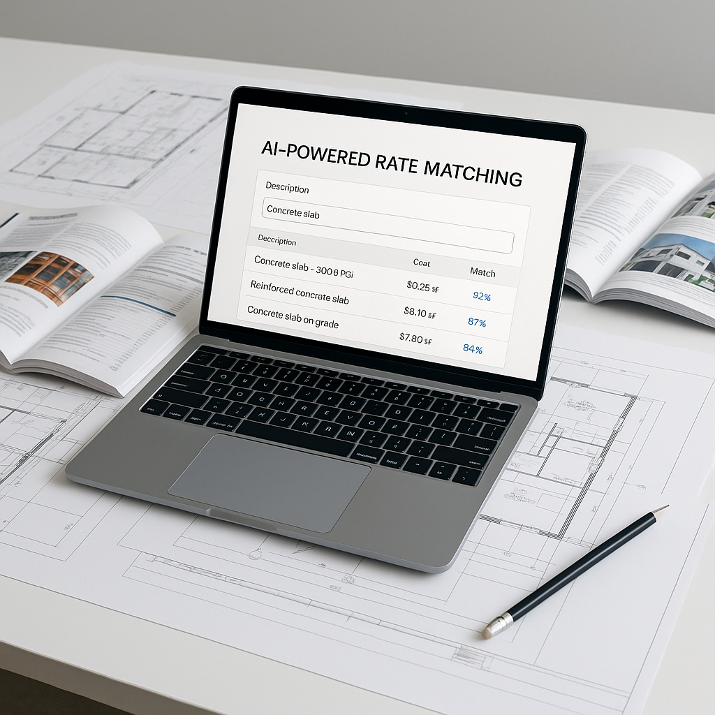 A modern construction estimator's desk with a laptop displaying an AI-powered rate matching interface, open catalogs, an...