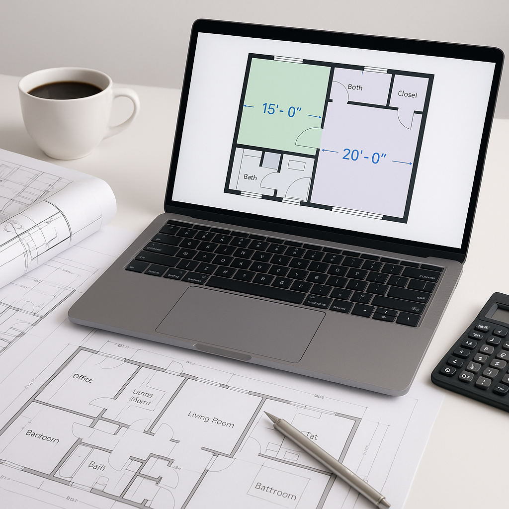 A modern construction estimator's desk with blueprints, a laptop displaying AI-powered takeoff software extracting room...