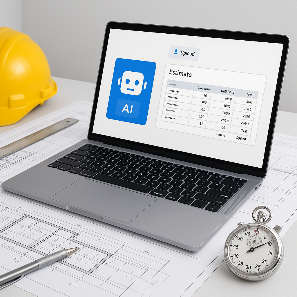 A construction estimator’s desk with blueprints, a laptop showing an AI-powered tool interface, and a stopwatch indicati...