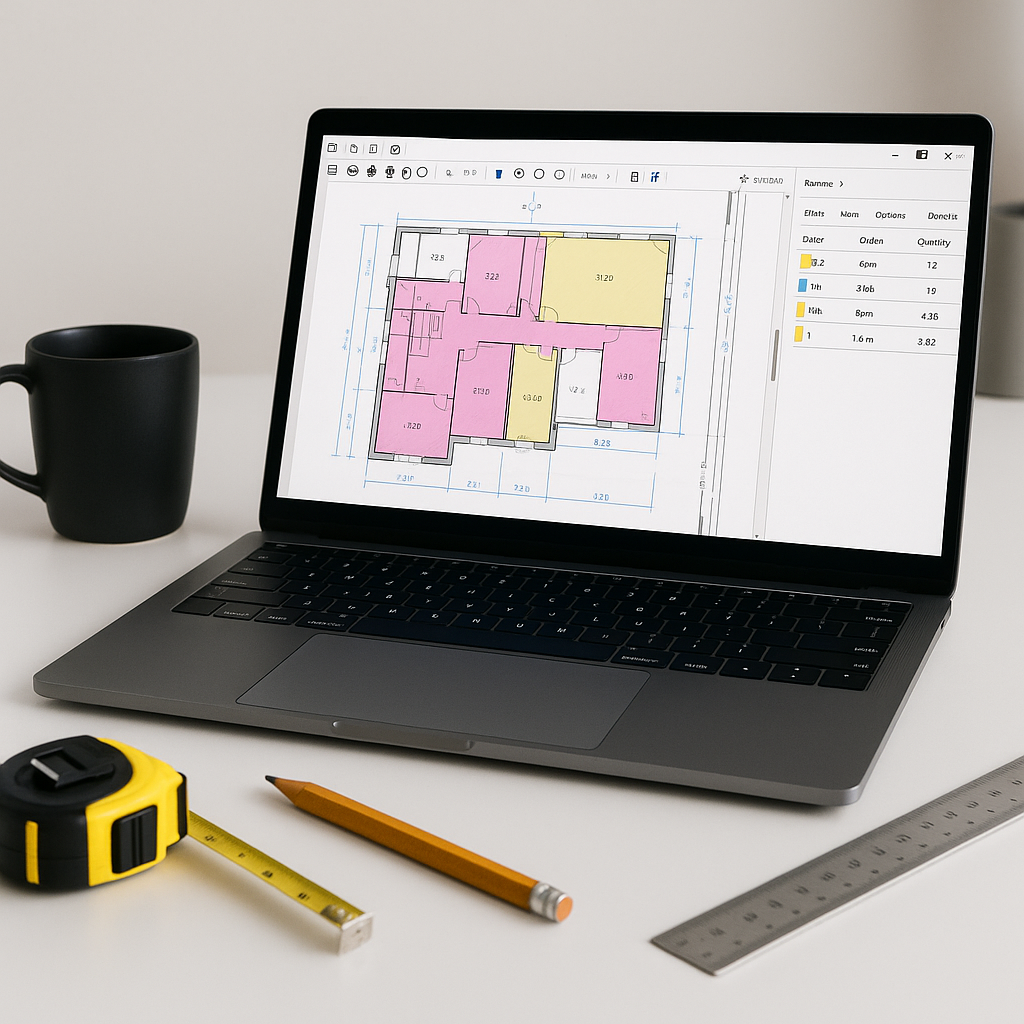 A construction estimator's desk with a laptop running AI-powered takeoff software, displaying a PDF drawing with highlig...