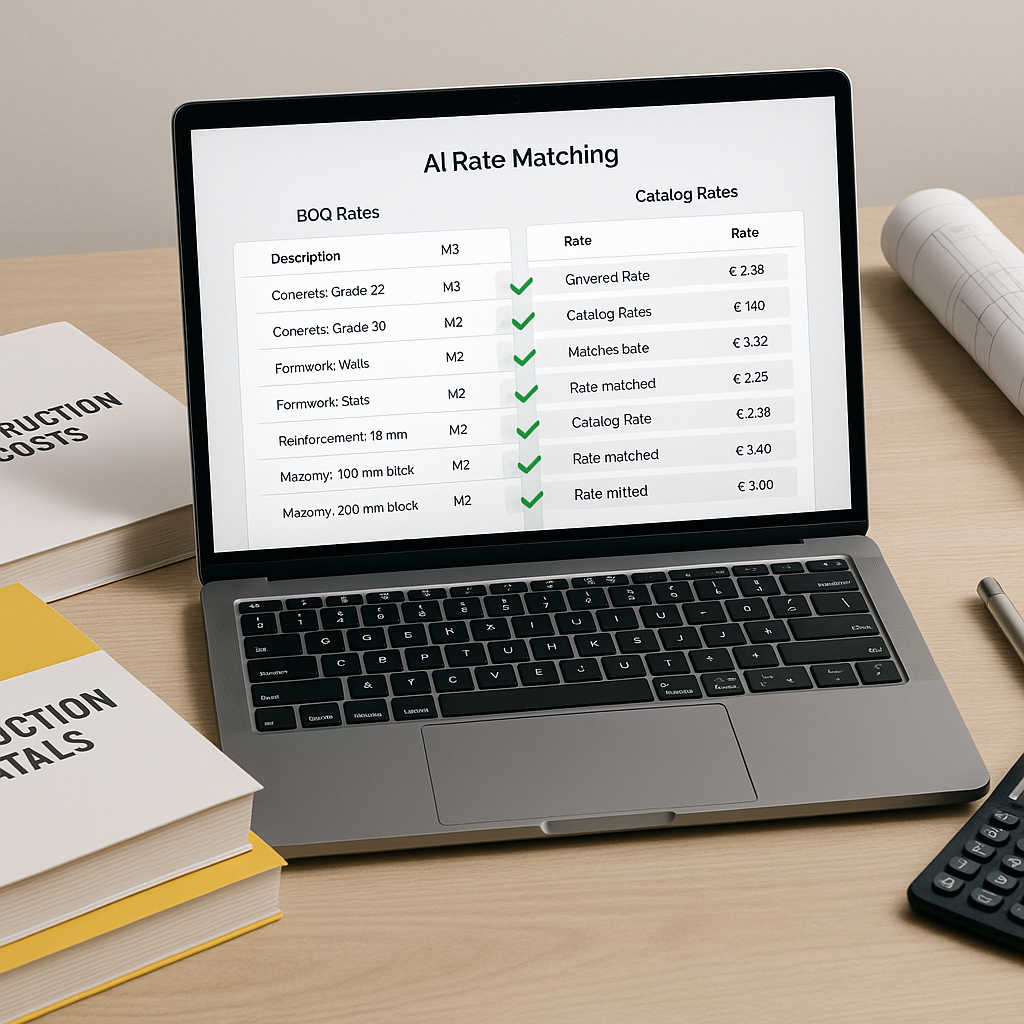 An image of a construction estimator's desk with a laptop showing AI-powered rate matching software matching BOQ rates i...