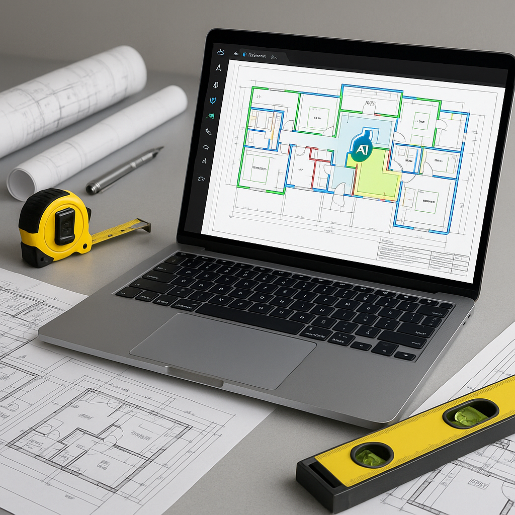 A construction estimator's desk featuring a laptop with AI-powered takeoff software analyzing a complex PDF drawing set....