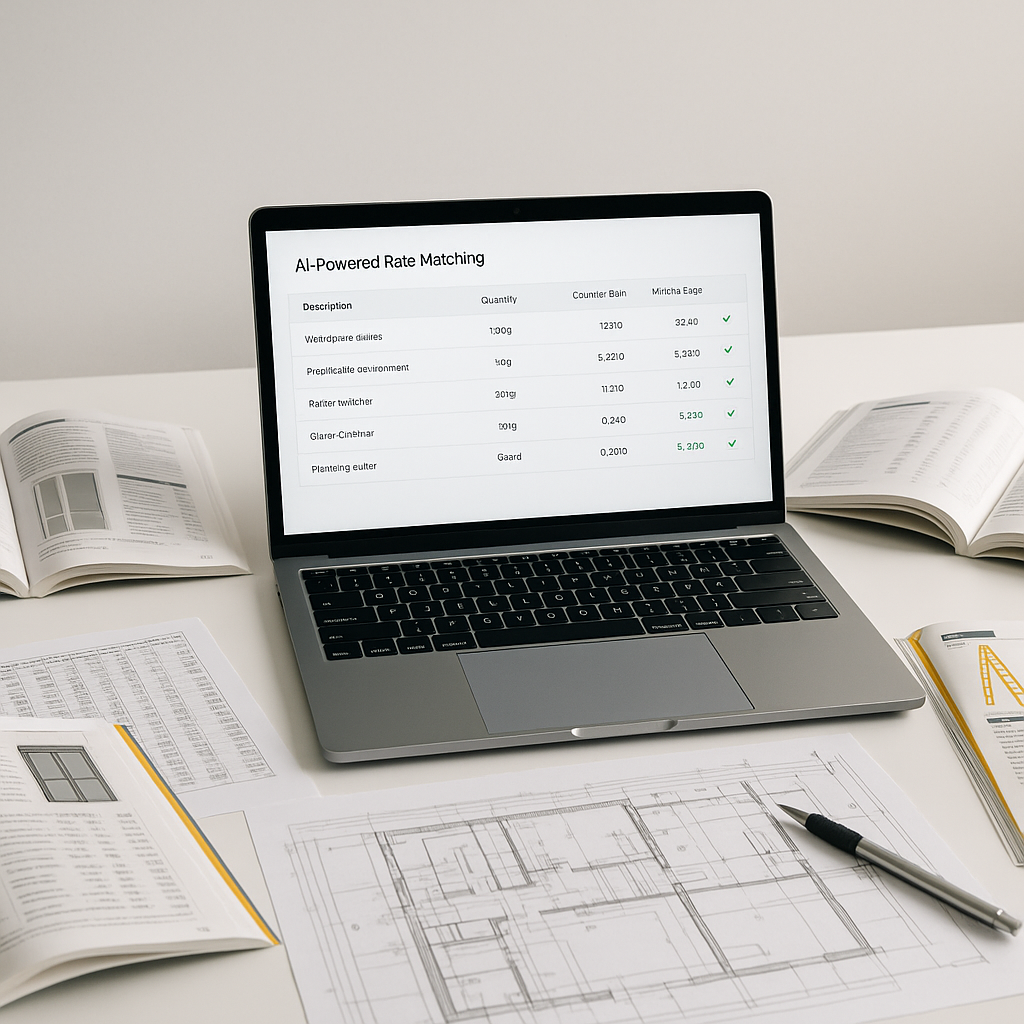 An estimator’s desk with a laptop displaying AI-powered rate matching software, surrounded by open construction catalogs...