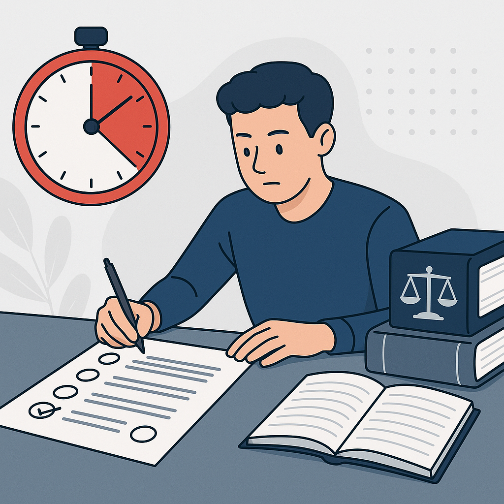 A visually engaging depiction of a legal exam candidate navigating multiple-choice questions under timed conditions. Inc...