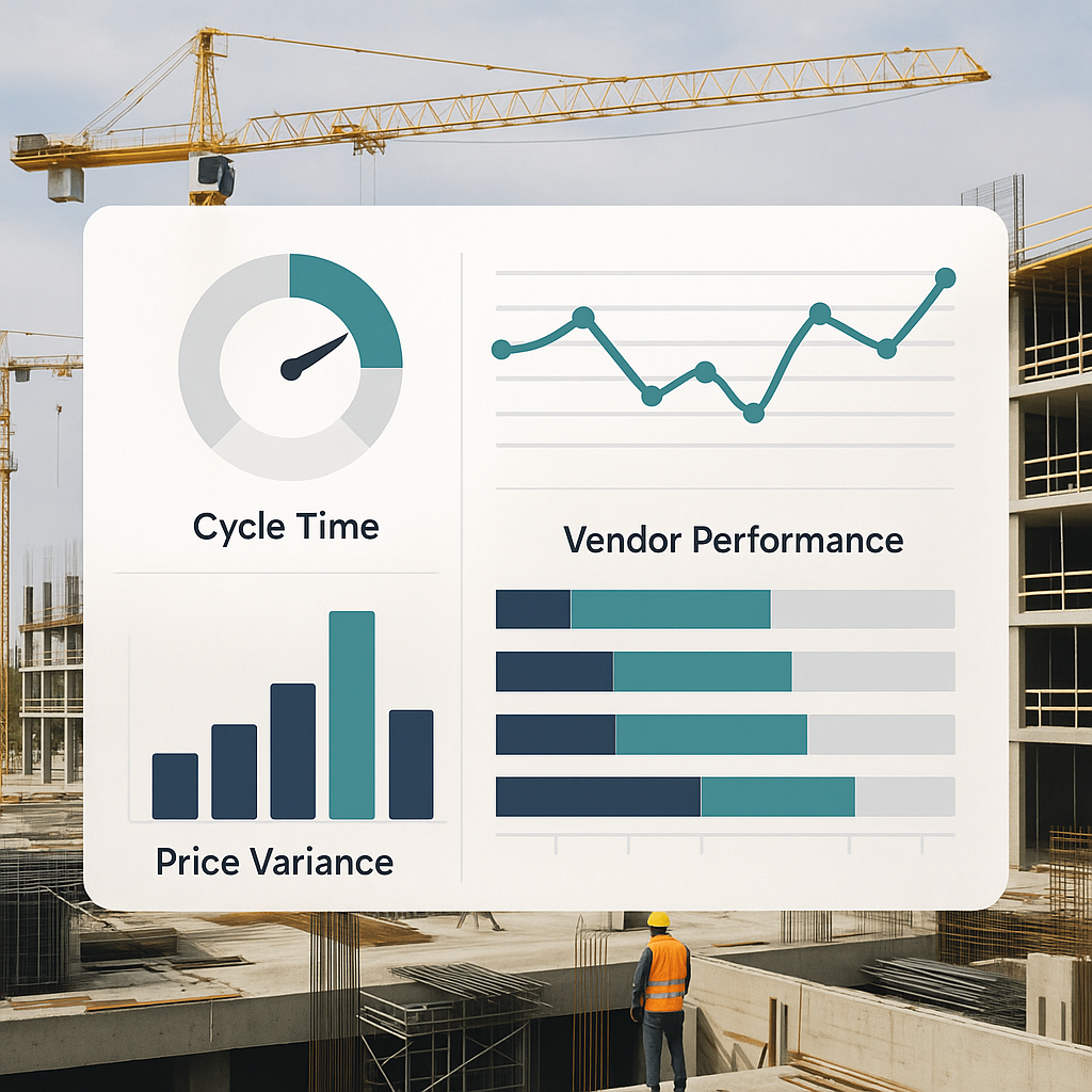 A detailed dashboard interface showing procurement KPIs like cycle times, price variance, and vendor performance in a co...