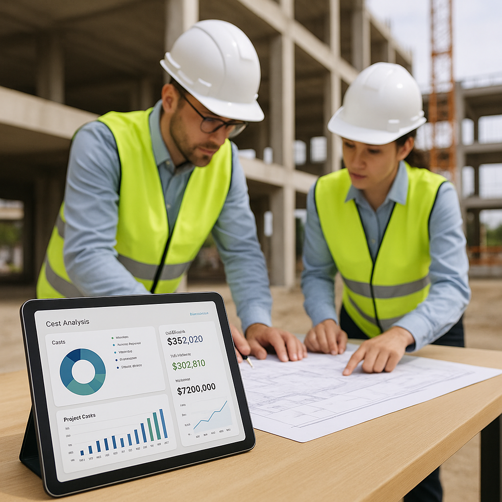 A construction project site with engineers reviewing blueprints. A digital tablet showing a cost analysis dashboard in t...