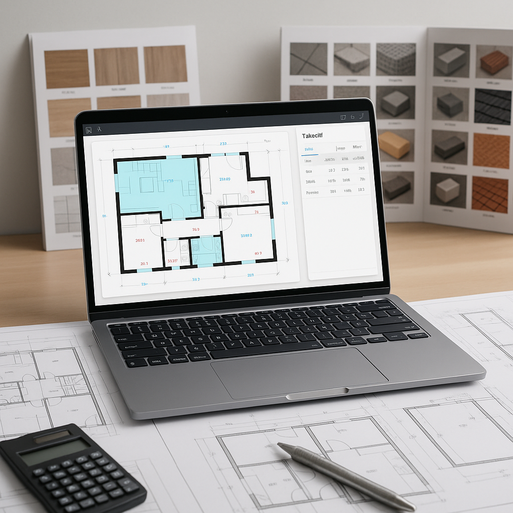 A detailed image of a construction estimator's desk with blueprints, a laptop showing AI-powered takeoff software, and m...